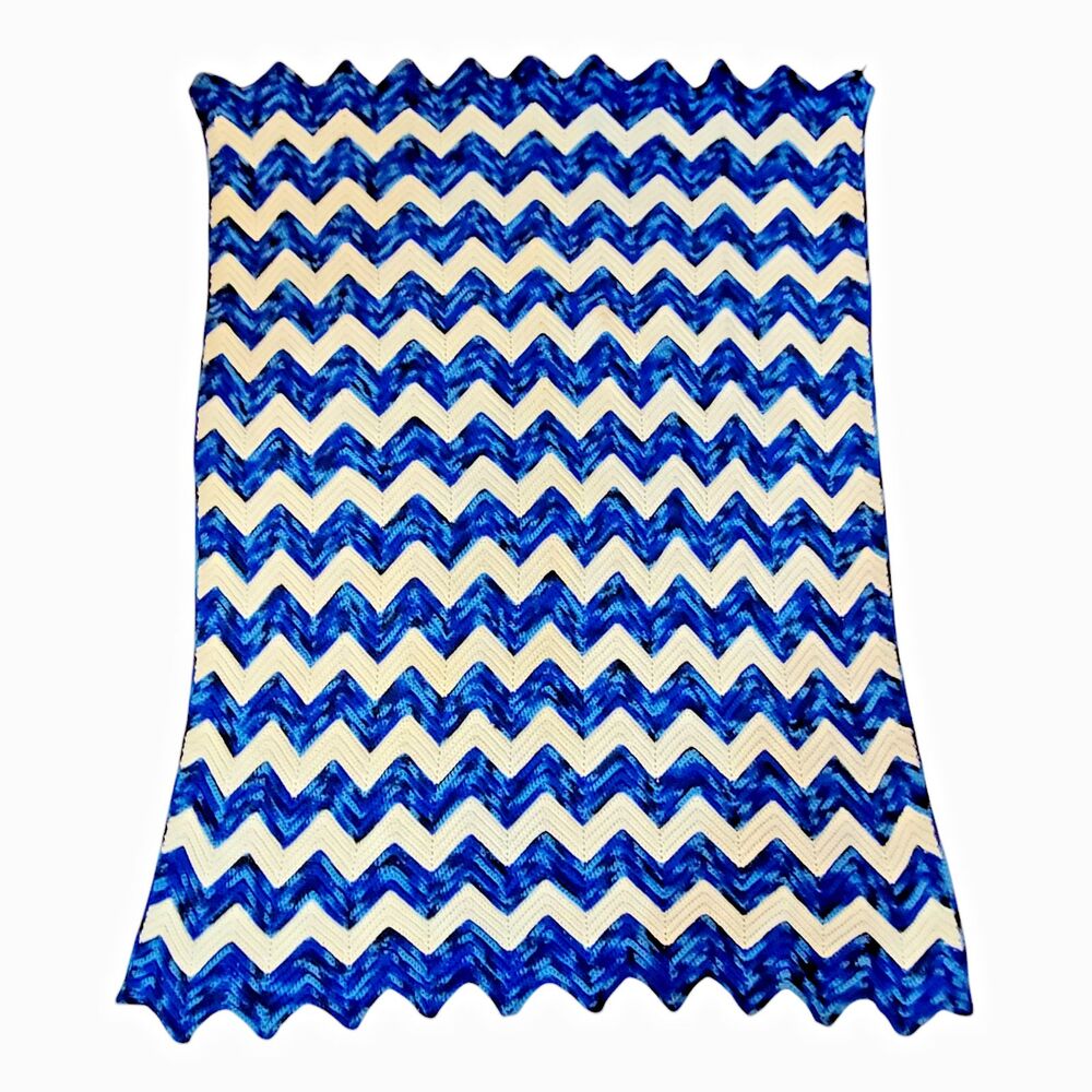 Vintage Crochet Afghan Throw Blanket Granny Square Blue White 65''x48''